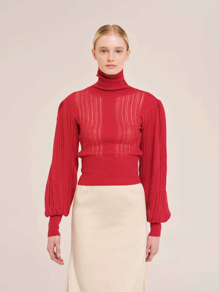 Knit High Neck Blouse with Puffed Sleeves – Winter Archetypes W25221