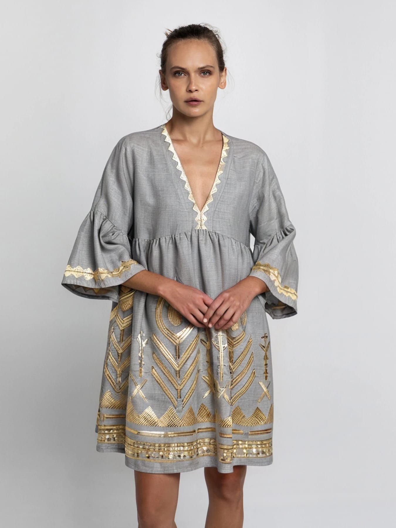 Embroidered Feather Linen Mini Dress Grey/Gold