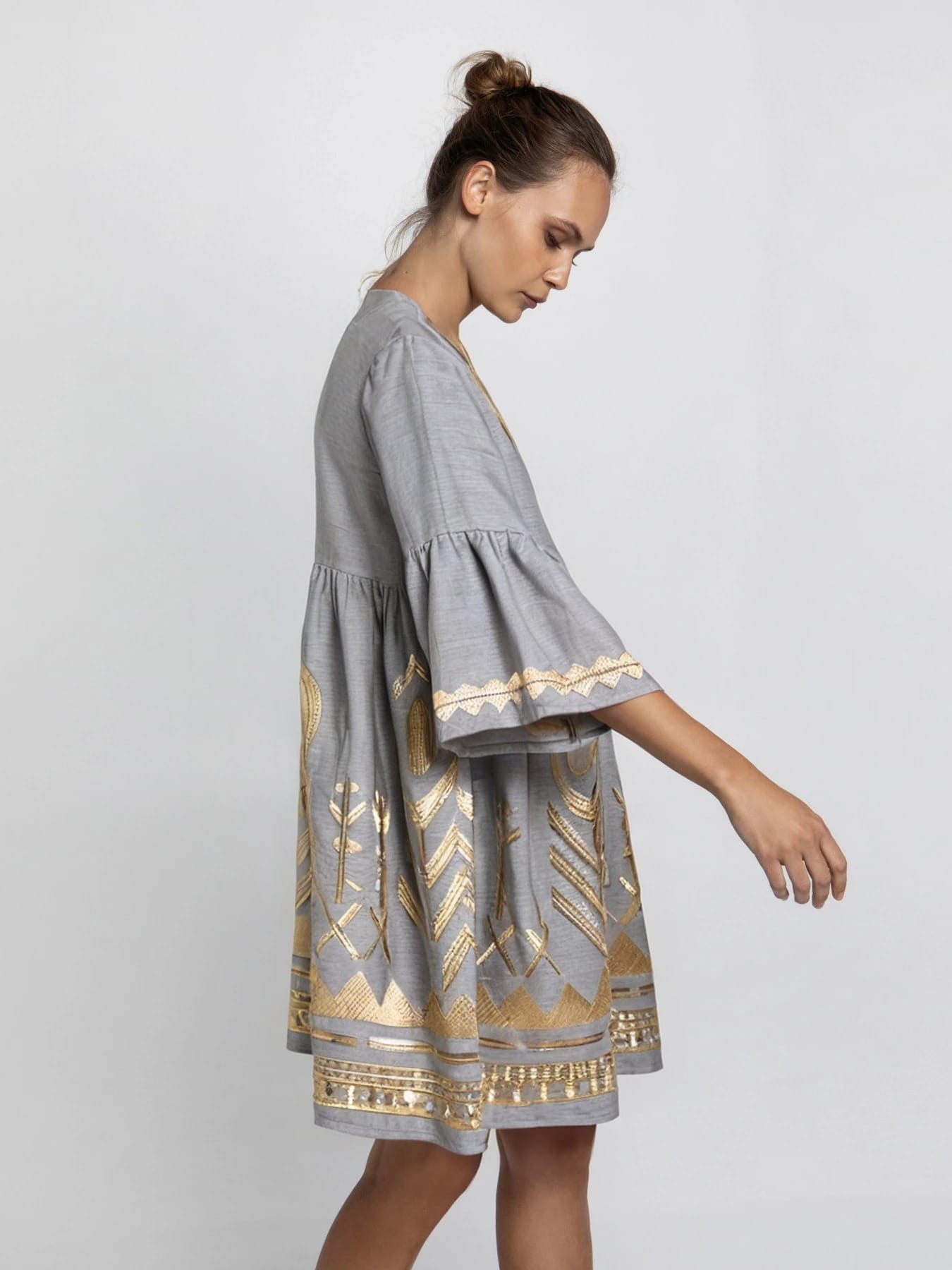 Embroidered Feather Linen Mini Dress Grey/Gold