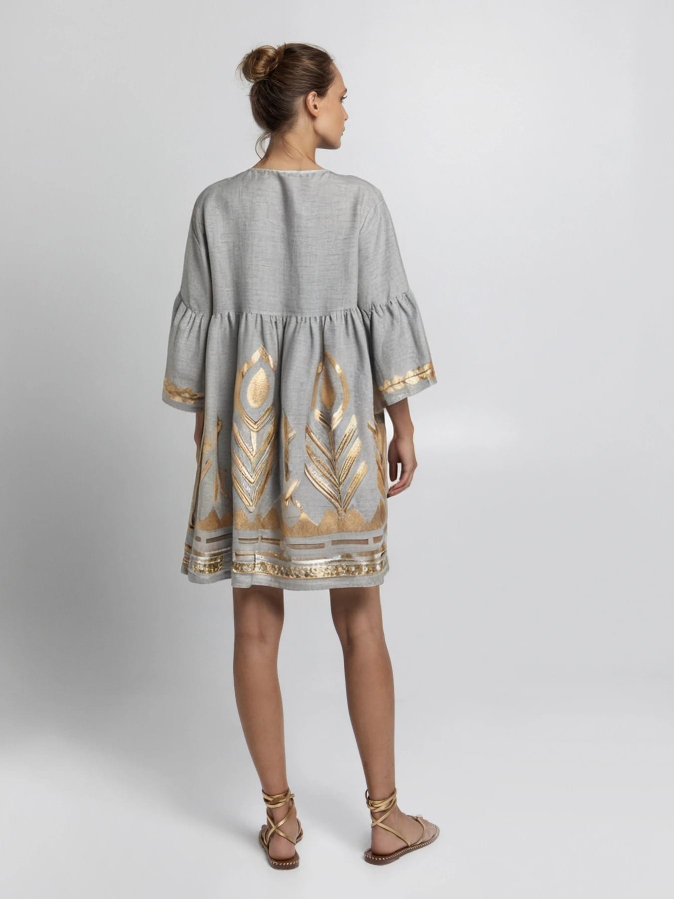 Embroidered Feather Linen Mini Dress Grey/Gold