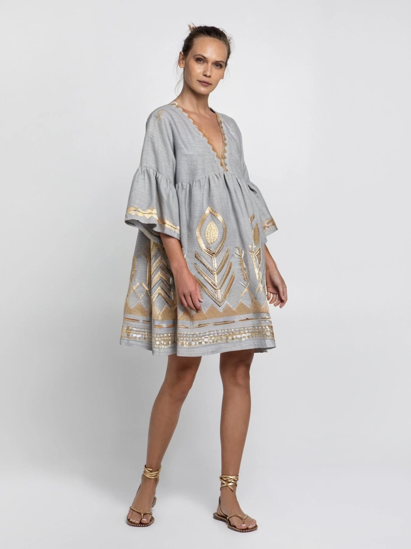 Embroidered Feather Linen Mini Dress Grey/Gold