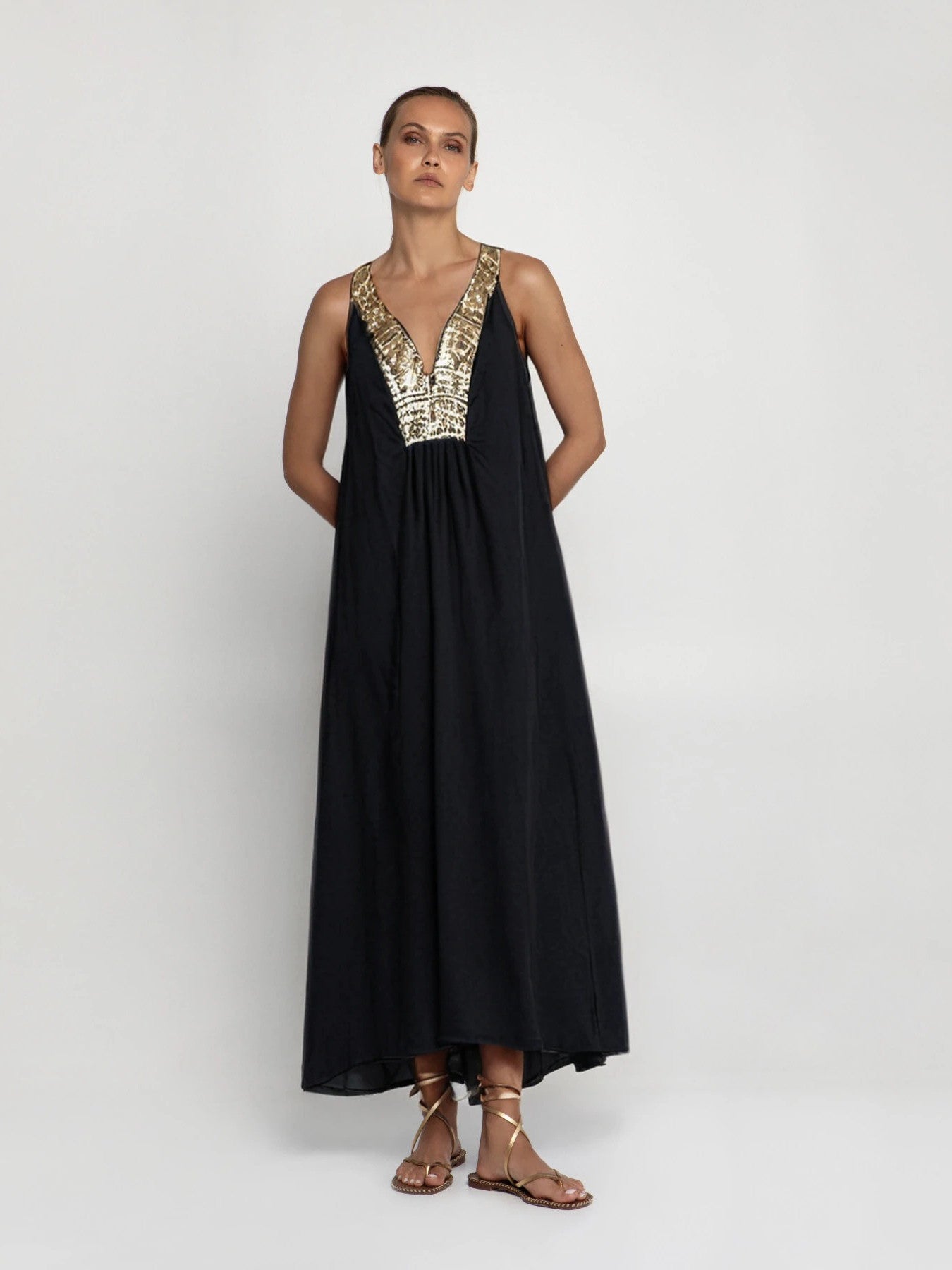 Triangle Embroidered Sleeveless Maxi Dress Black
