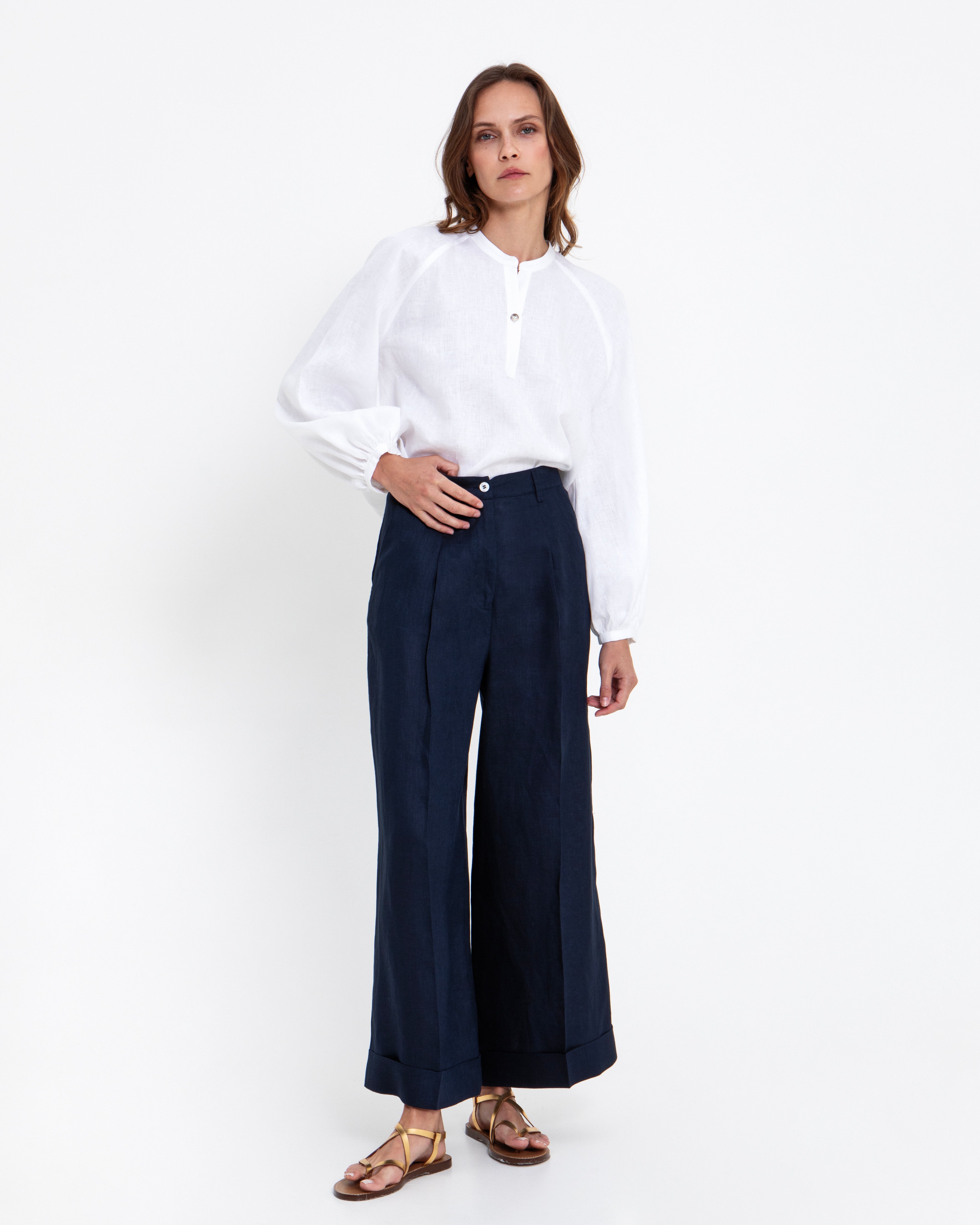 PANTS LOOSE CUFF TURN 100% LINEN 1001111