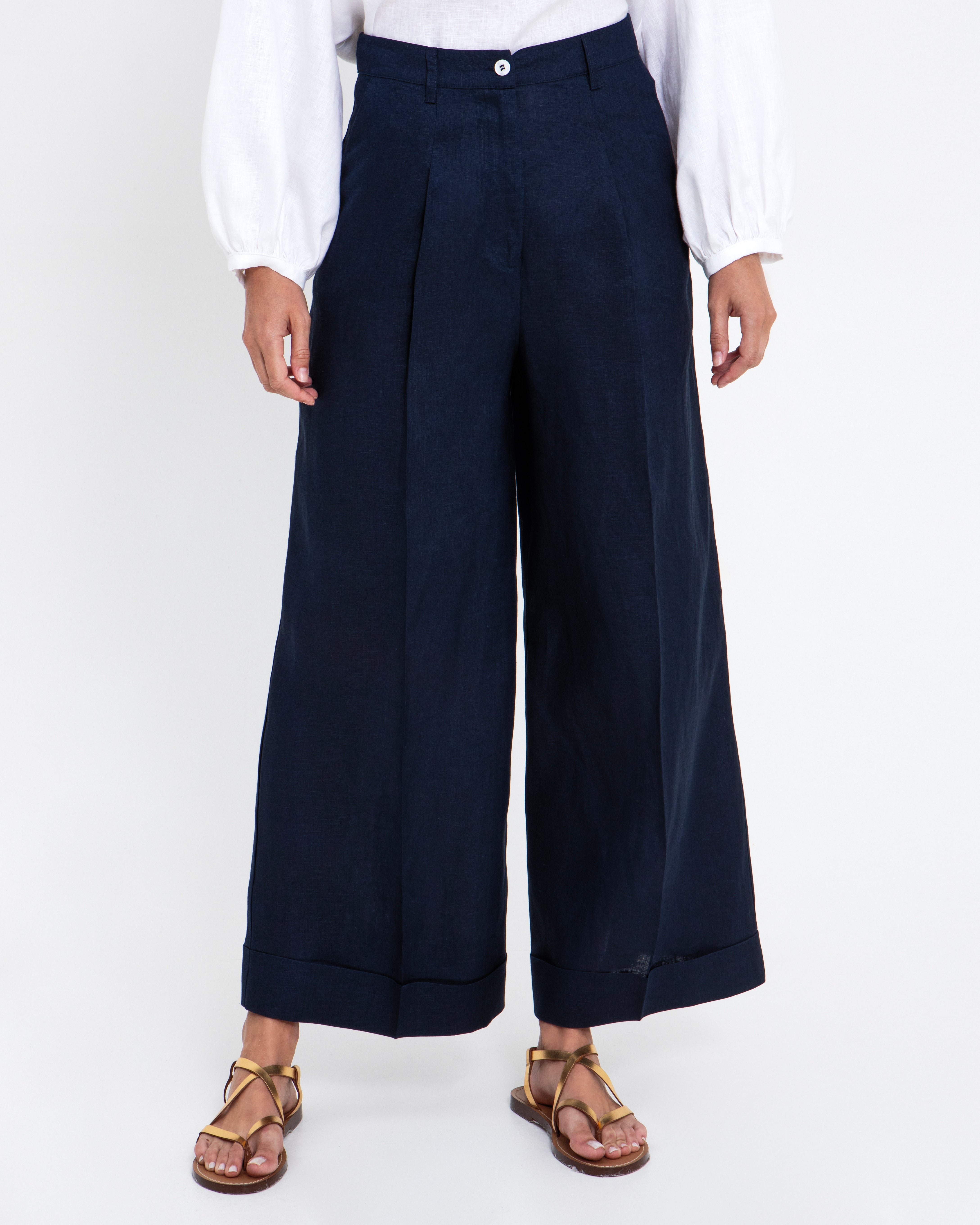 PANTS LOOSE CUFF TURN 100% LINEN 1001111
