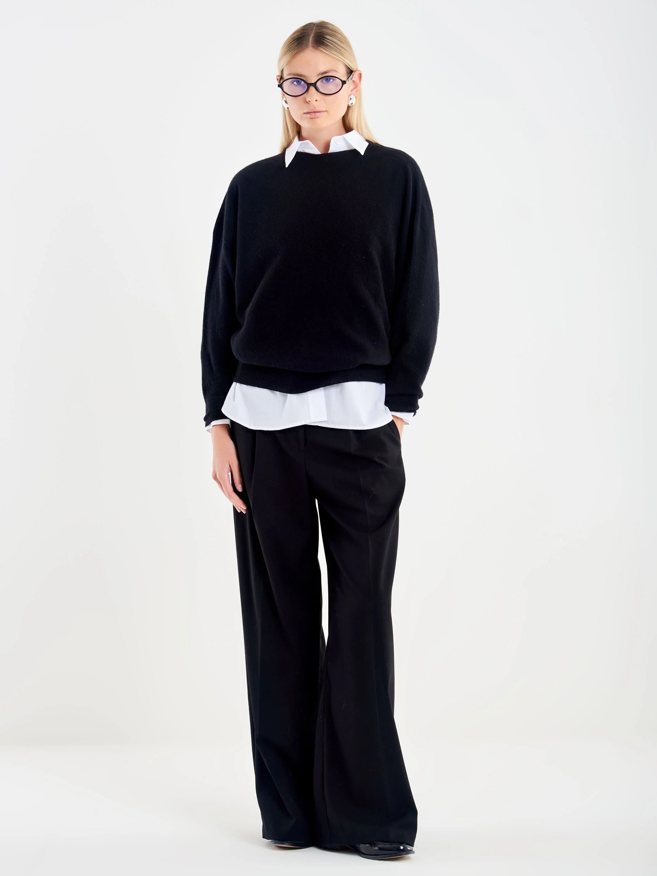 Cashmere Blend Crater Neck Pullover Black