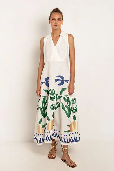 Sun Long Kaftan Dress White/Green