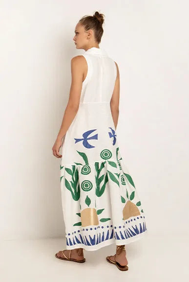 Sun Long Kaftan Dress White/Green