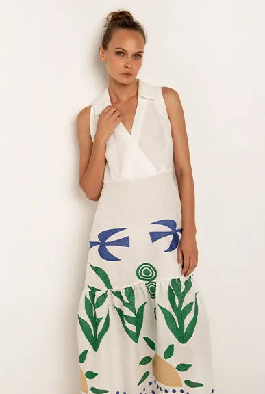 Sun Long Kaftan Dress White/Green