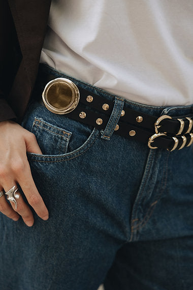 "The night" double leather belt BLACK NICKEL