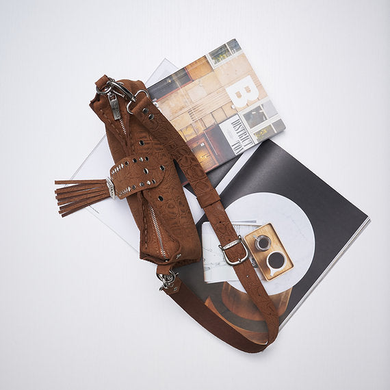 "I am love" shoulder bag, chocolate suede