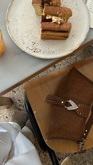 "I am love" shoulder bag, chocolate suede