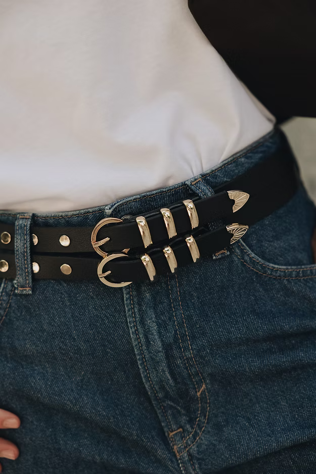 "The night" double leather belt BLACK NICKEL