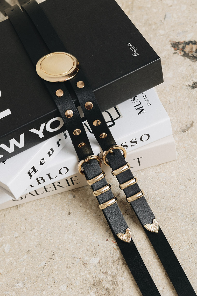 "The night" double leather belt BLACK NICKEL