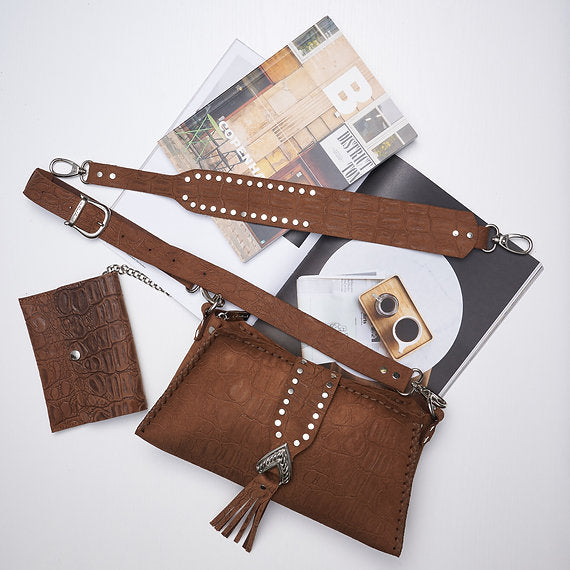 "I am love" shoulder bag, chocolate suede