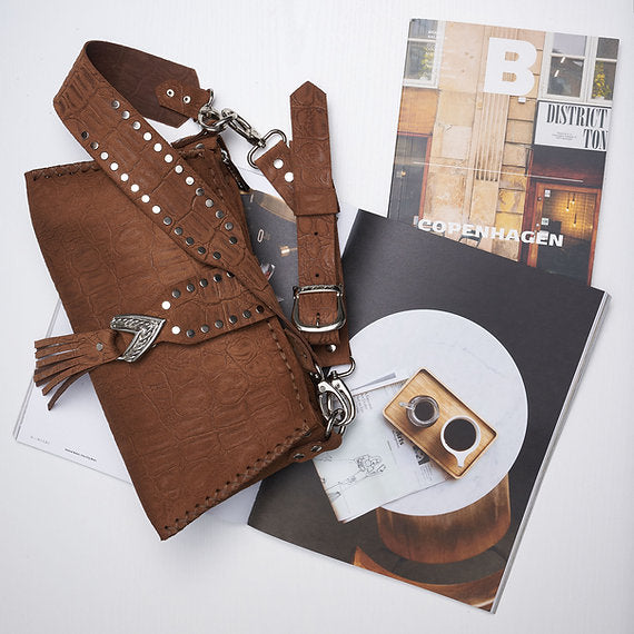 "I am love" shoulder bag, chocolate suede