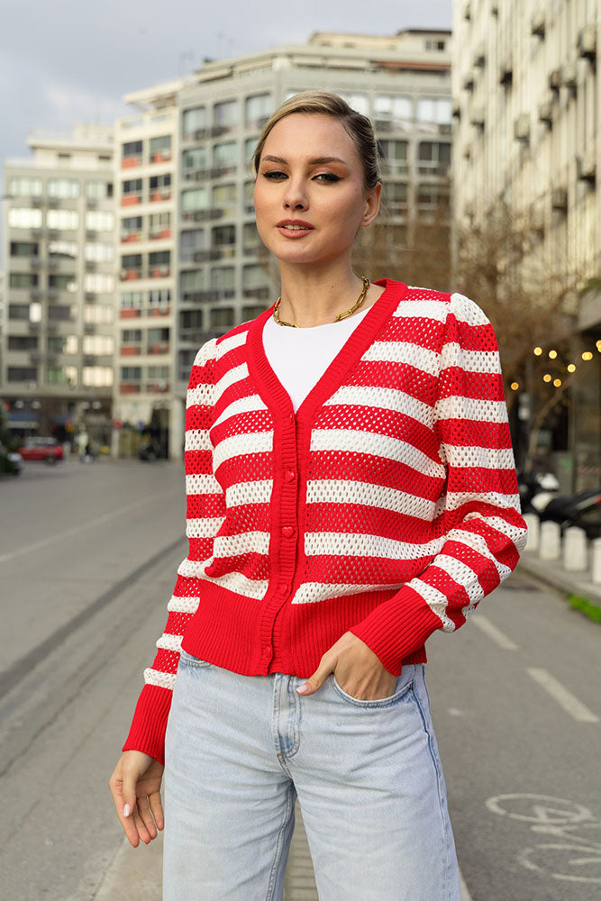 Loren Crop Cardigan (Red / White)