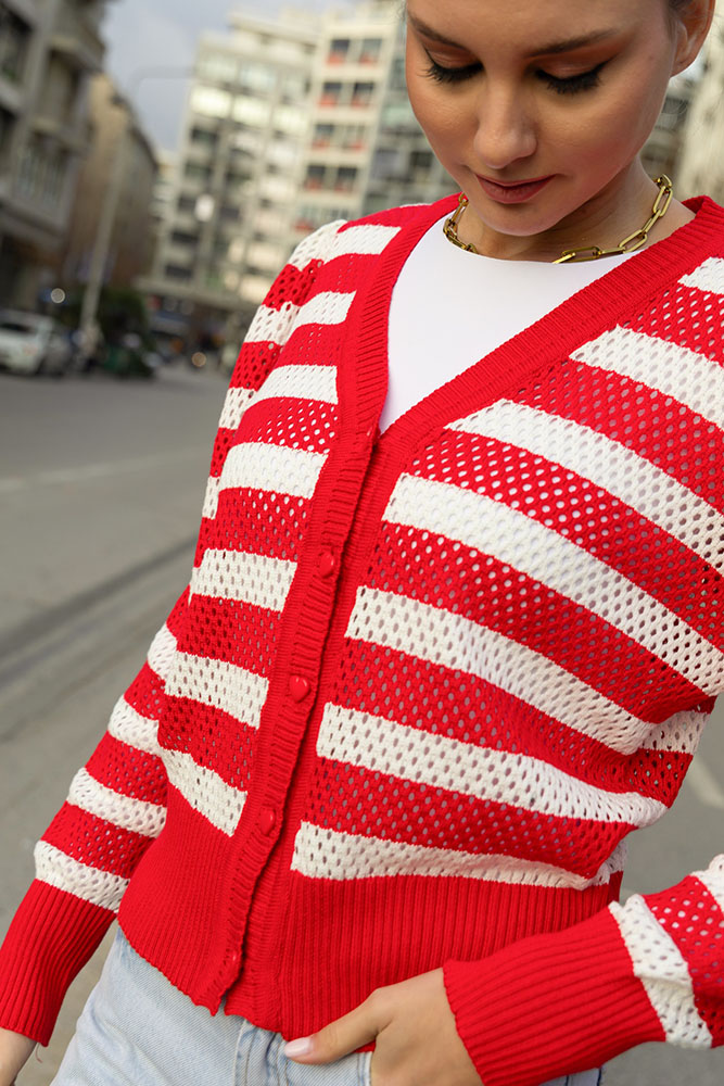 Loren Crop Cardigan (Red / White)