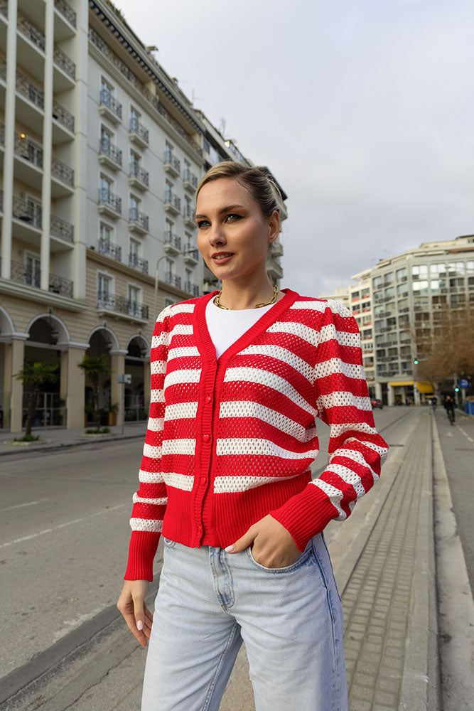 Loren Crop Cardigan (Red / White)