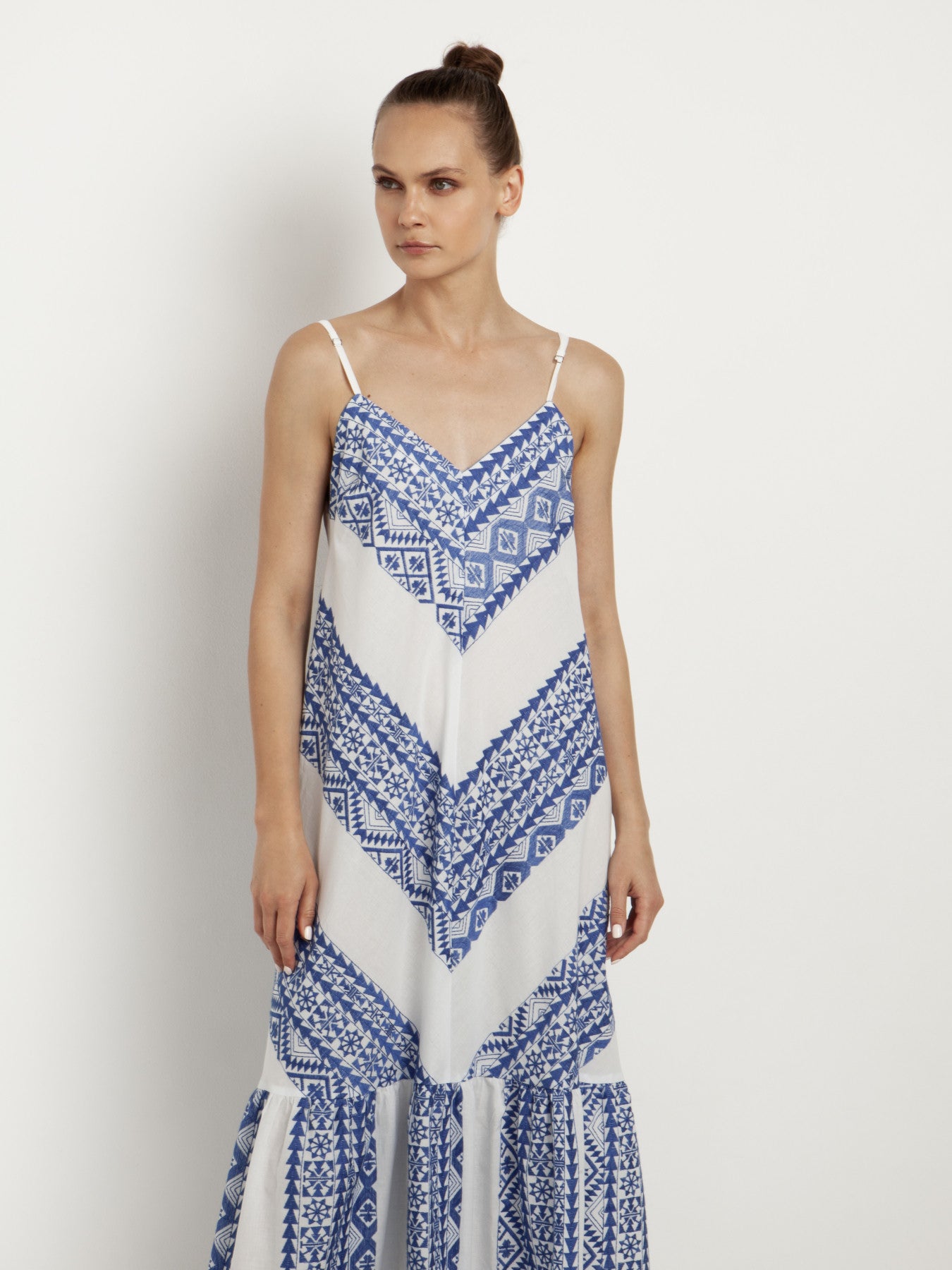 White/Blue  Embroidered Maxi Dress With Straps