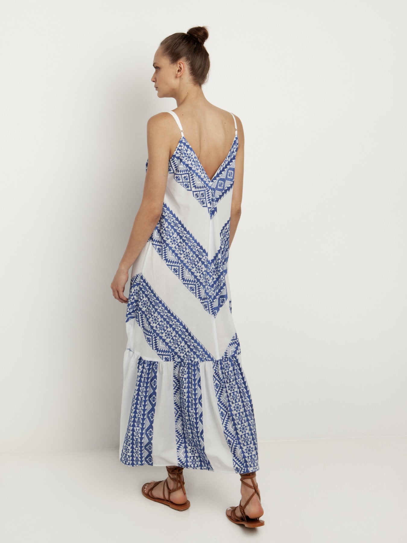White/Blue  Embroidered Maxi Dress With Straps