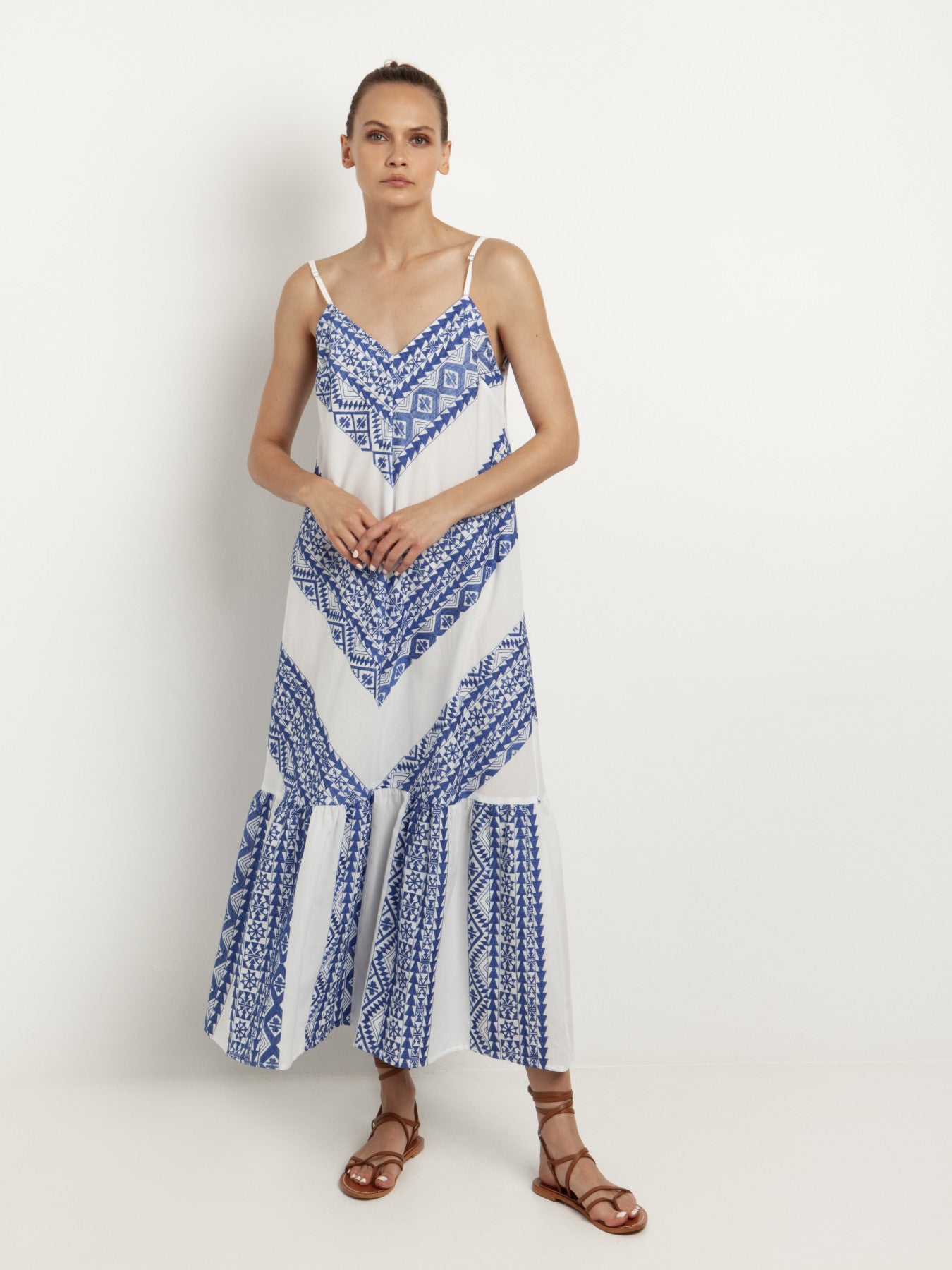 White/Blue  Embroidered Maxi Dress With Straps