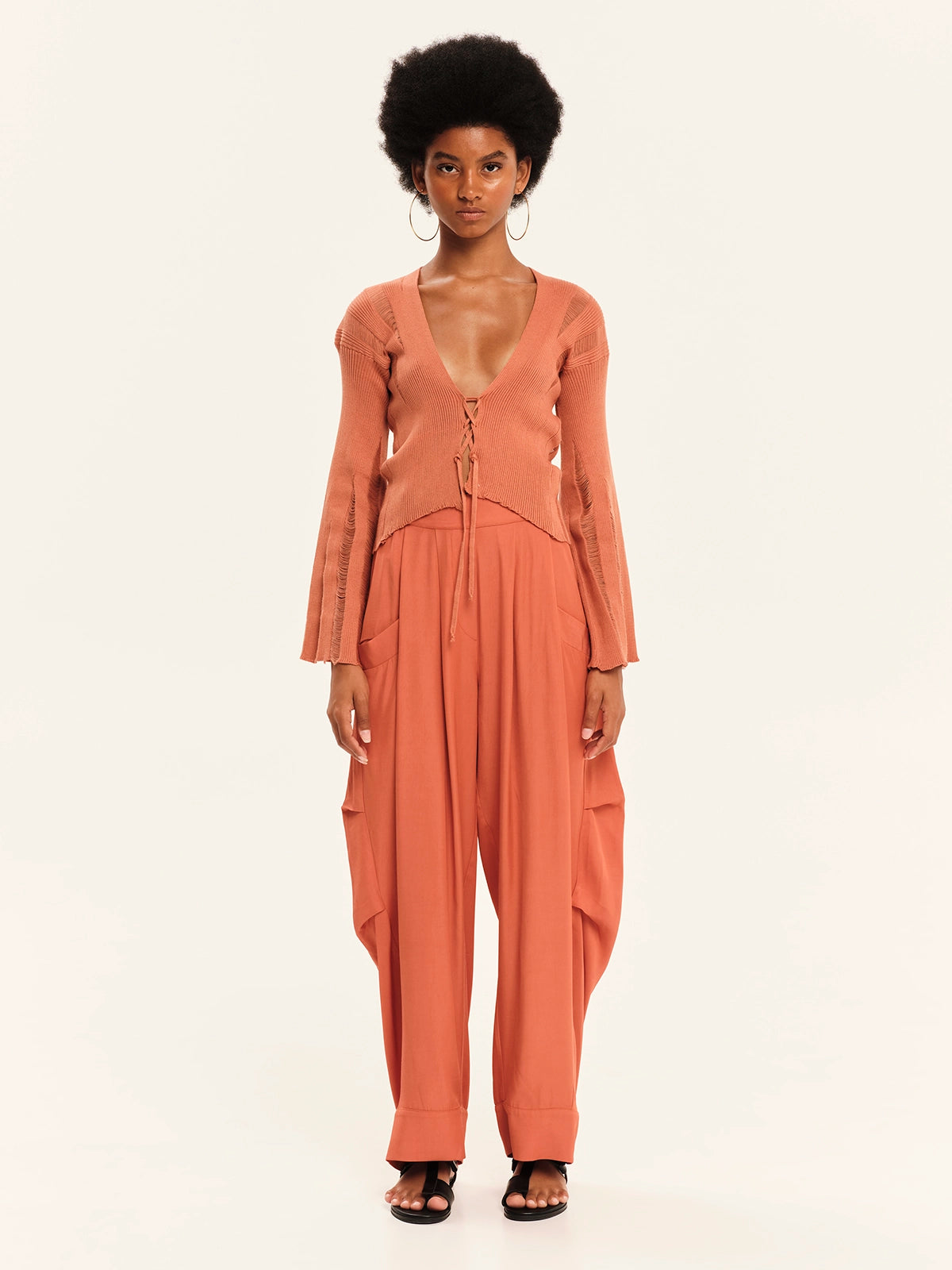 Knit cardigan with bell sleeves and “X” shaped front ties – Magic Sunsets Ecru S26202