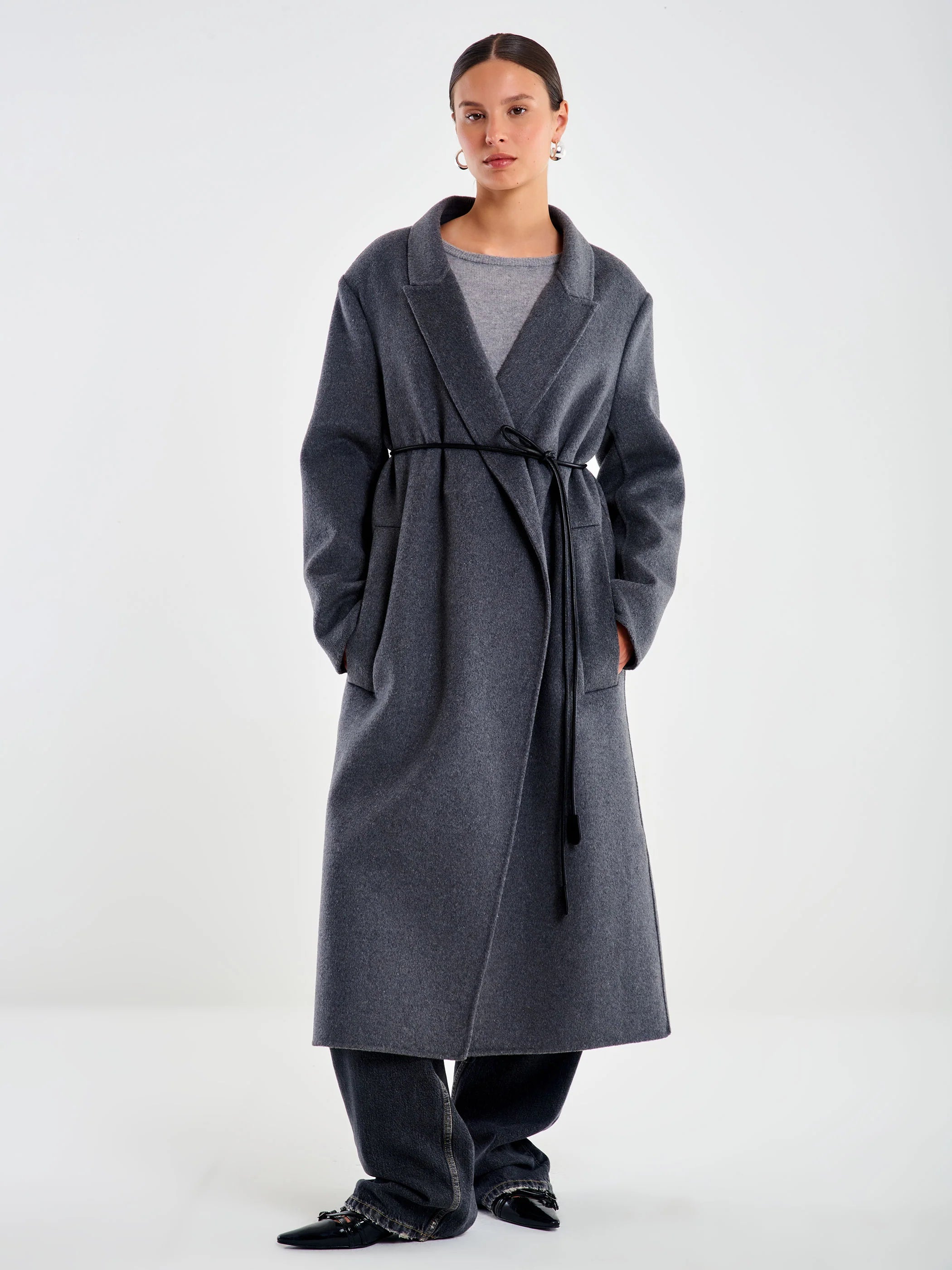 Long Coat with Belt Anthracite Grey TF0029