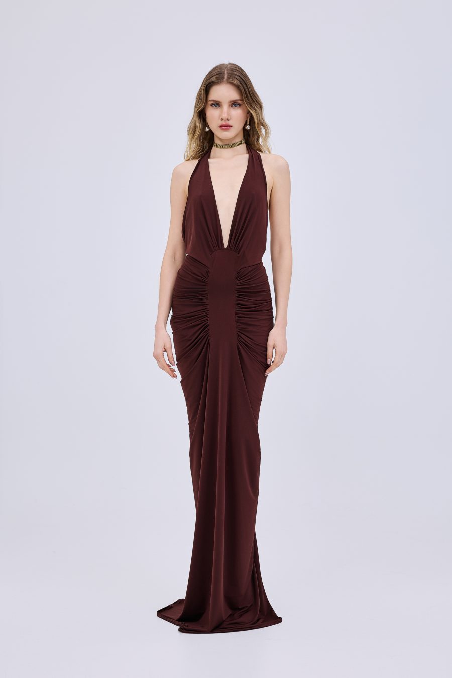 Halter Rectangle Brown Maxi Dress HR815