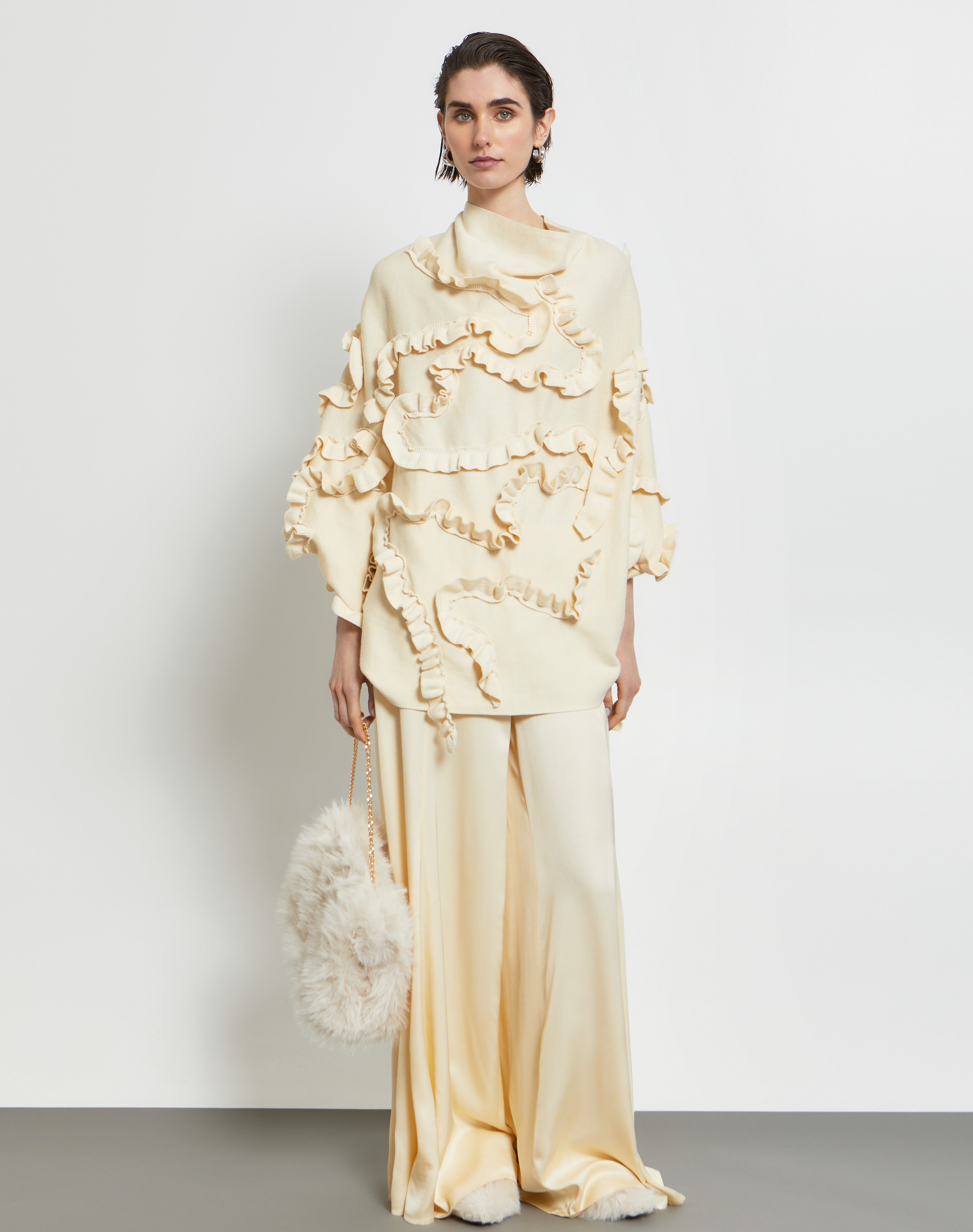 W26914 KNIT CAPE WITH  EMBROIDERED ALL-OVER FRILLS