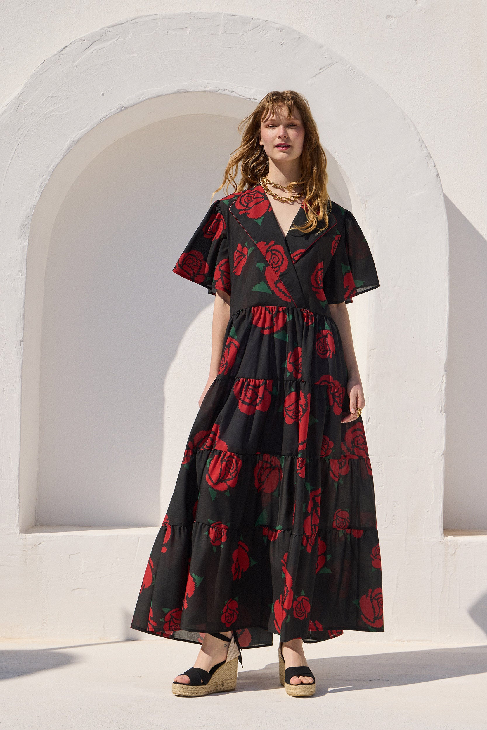‘VANESSA’ MIDI DRESS (BLACK ROSES)