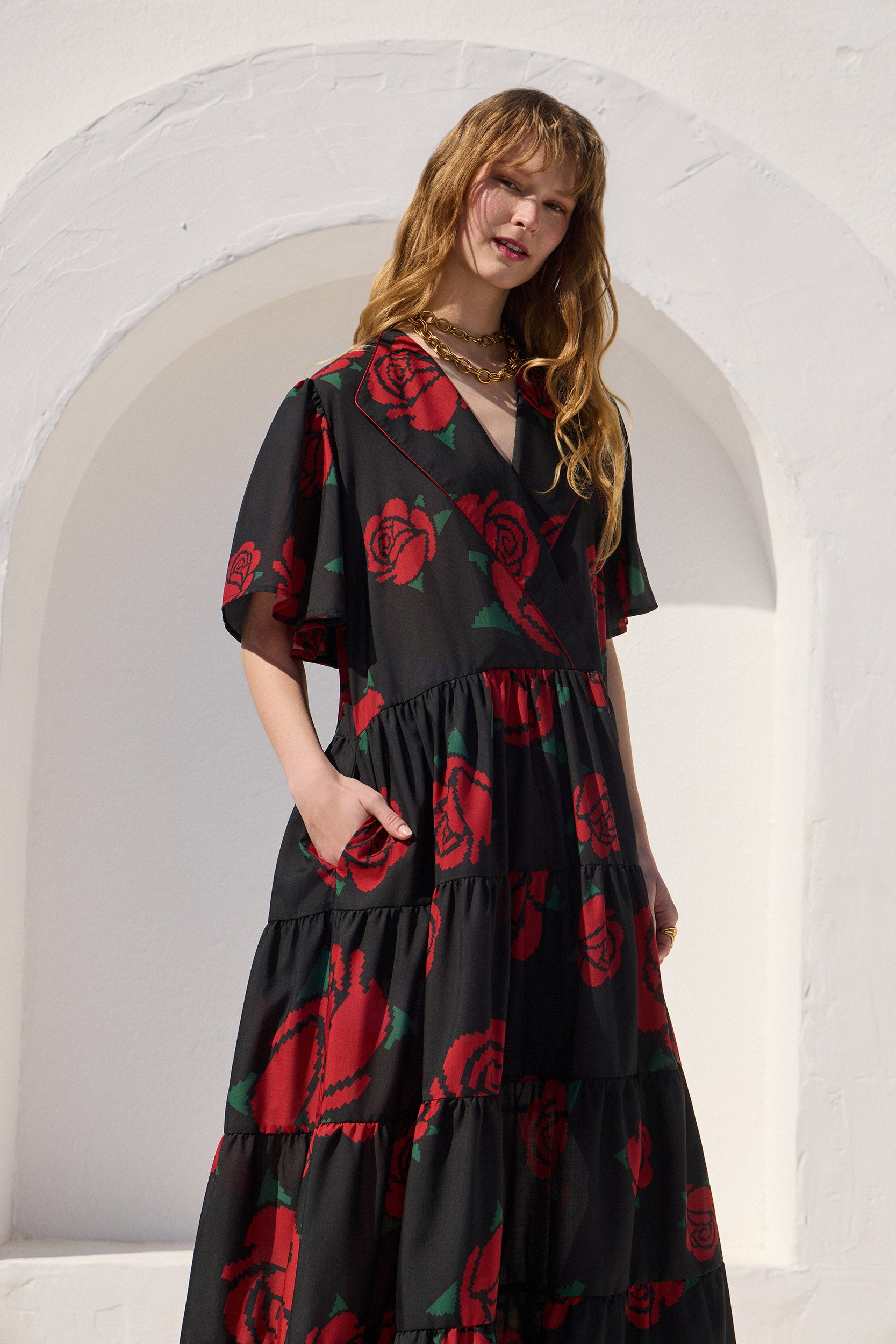 ‘VANESSA’ MIDI DRESS (BLACK ROSES)