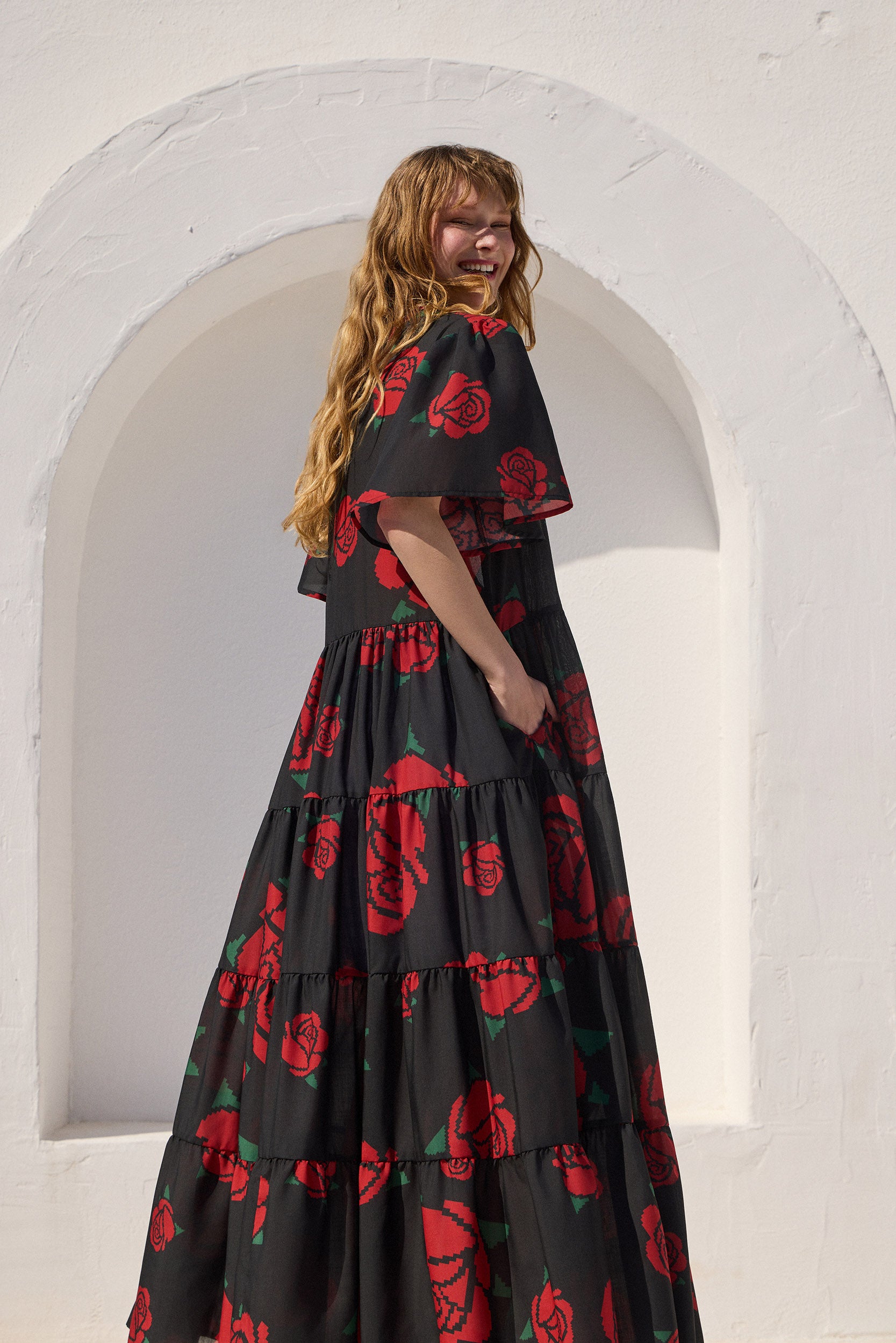 ‘VANESSA’ MIDI DRESS (BLACK ROSES)