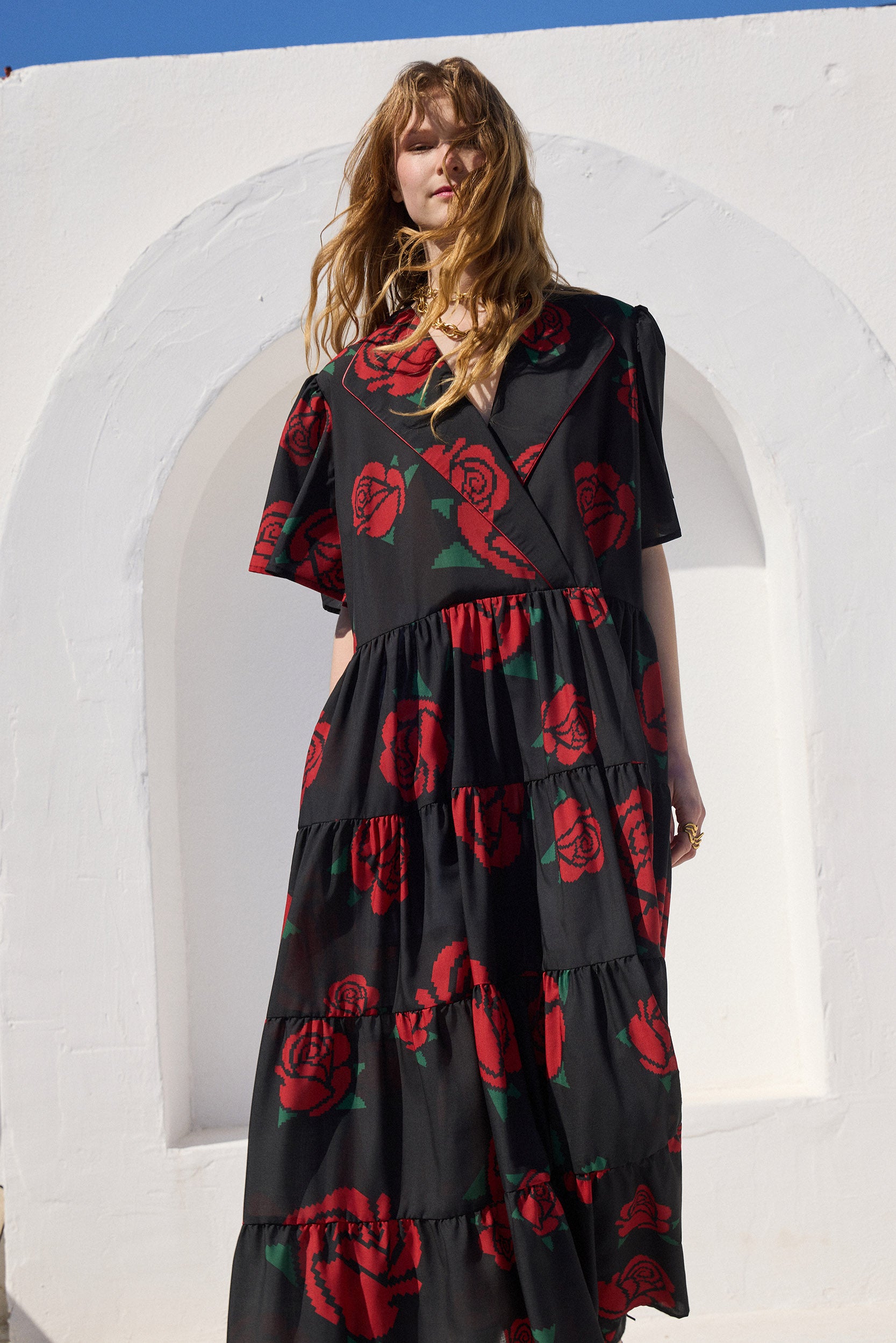 ‘VANESSA’ MIDI DRESS (BLACK ROSES)