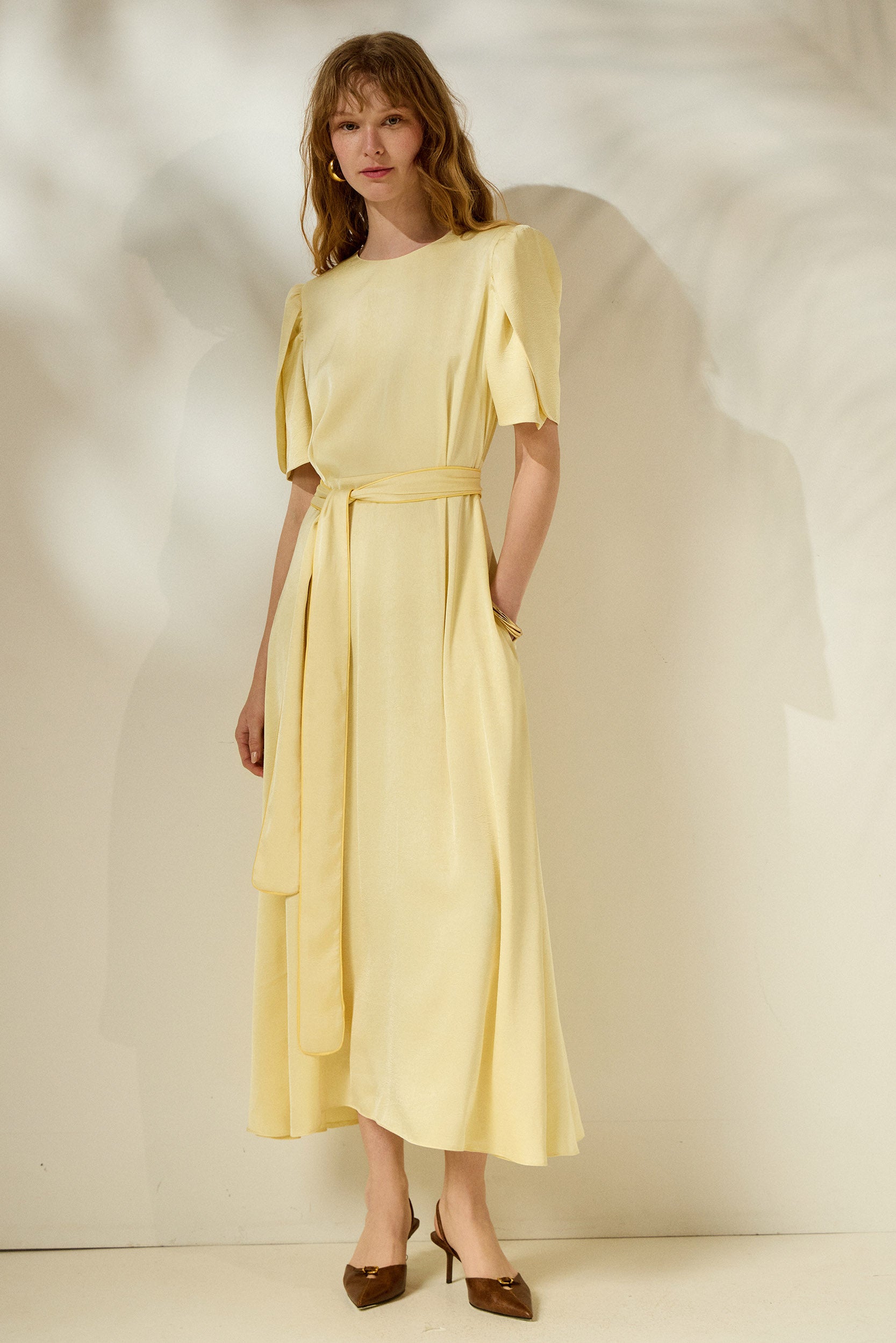 ‘LYDIA’ SATIN MIDI DRESS (PALE YELLOW)