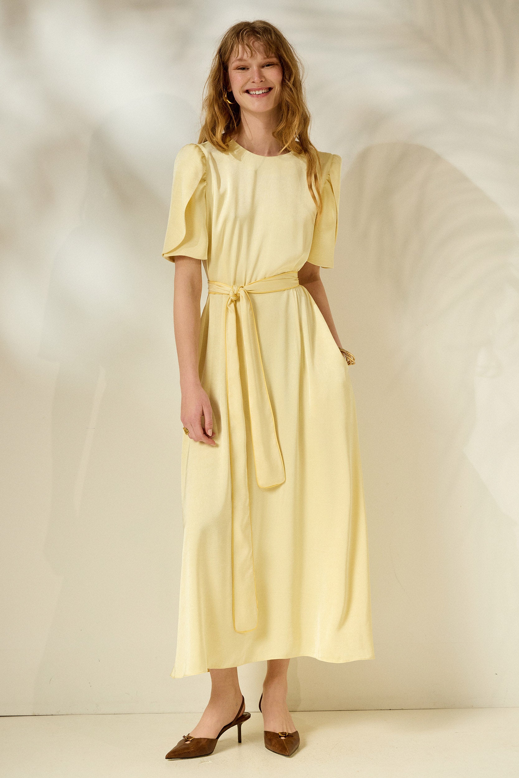 ‘LYDIA’ SATIN MIDI DRESS (PALE YELLOW)