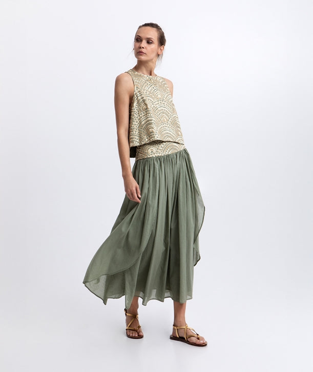 Sage gold cotton embroidered New Triangle skirt