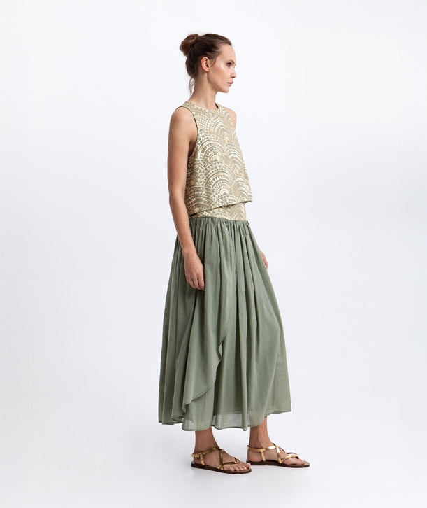 Sage gold cotton embroidered New Triangle skirt