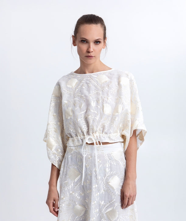 White champagne embroidered Blossom crop top 4054105