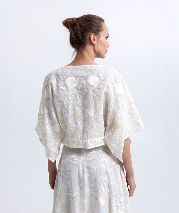 White champagne embroidered Blossom crop top 4054105