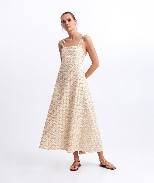 White gold champagne embroidered Flakes midi dress 4063132