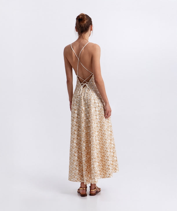 White gold champagne embroidered Flakes midi dress 4063132