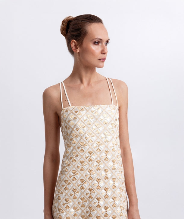 White gold champagne embroidered Flakes midi dress 4063132